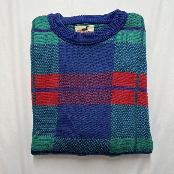 Vintage Winona Knits Mens L Plaid Sweater Grandpa Pullover Blue Green Red Check - Picture 2 of 7